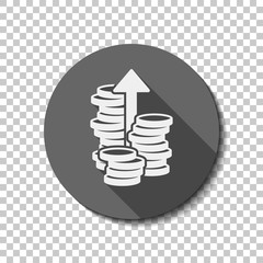 Coins stack, finance grow, up arrow. flat icon, long shadow, cir
