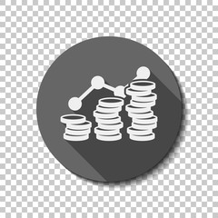 Coins stack, finance grow. flat icon, long shadow, circle, trans