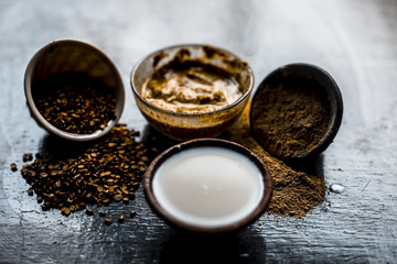 Close up of ayruevdic face pack of mung dal with sandal wood or chandan with milk and oats on...