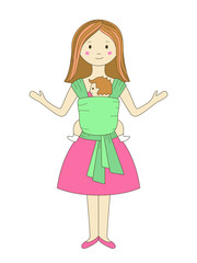 Happy mother with her baby in sling scarf. Free hands. Vector illustration. Hand draw card in cartoon style. Isolated