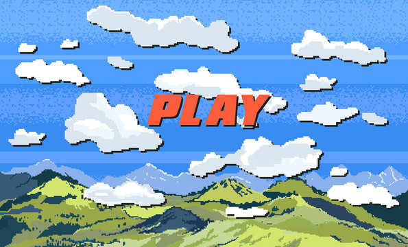 Pixel inscription "play". Message on the video game screen. Vector illustration. Pixel art background. Location with mountains, grass and clouds. Landscape for game or application.