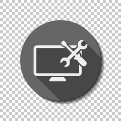 Computer repair service. flat icon, long shadow, circle, transpa