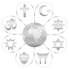 World religions united on a silver flower with planet earth in center. Signs of major religious groups and religions. Christianity, Islam, Hinduism, Buddhism, Taoism, Shinto, Sikhism and Judaism.