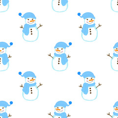 Seamless pattern with cute snowman on the white background.