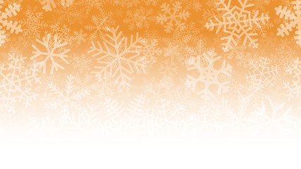 Christmas illustration of many layers of snowflakes of different shapes, sizes and transparency. On gradient background from orange to white.