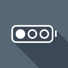 Simple battery, low level. White flat icon with long shadow on b