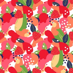 Foto auf Acrylglas Strawberries and parrots on abstract background. Vector seamless pattern. © irache