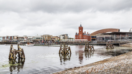 Cityscape of Cardiff bay wih rainy clouds,  Wales, UK
