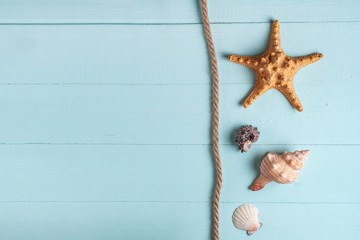 Rope and seashells on a blue, wooden background. Cruise. The concept of letting go, travelling and sea voyage. Vacation. Top view. Copy space