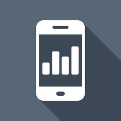 Finance graphic, mobile phone. White flat icon with long shadow