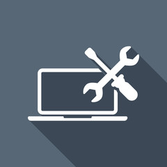 Laptop repair service. White flat icon with long shadow on backg