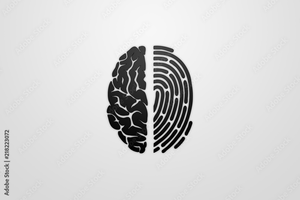 Poster half of the brain and fingerprint view from above. the concept of identity, unique data.
