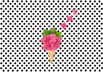 Pink hortensia flowers ice cream waffle cone Flat lay Minimal concept