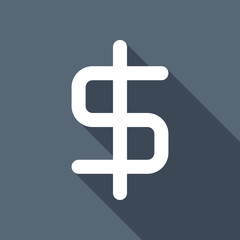 simple dollar symbol. White flat icon with long shadow on backgr
