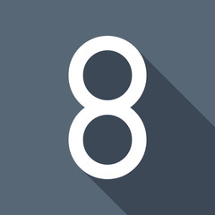 Number eight, numeral, simple letter. White flat icon with long