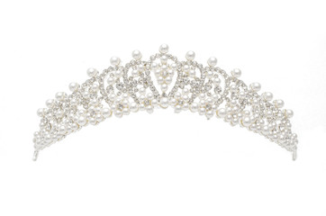 silver diadem with diamonds and pearls isolated on white - 218224884