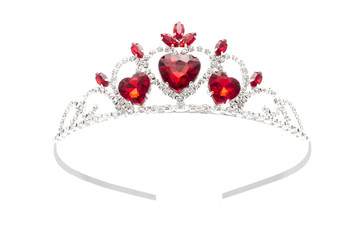 silver diadem with hearts, rubies and diamonds isolated on white