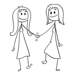 Cartoon stick drawing conceptual illustration of homosexual couple of two lesbian women walking together and holding each others hand.