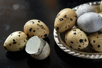 Quail eggs in vintage silver plate