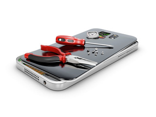 Phone repair and service concept, 3d Illustration isolated white