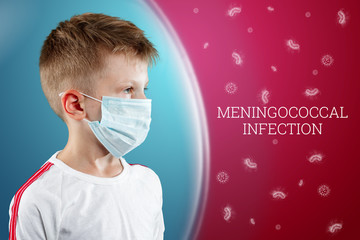 A little boy, a child in a medical mask on a red background with bacteria in a protective bladder....