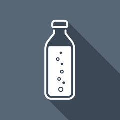 bottle of water with bubbles, simple icon. White flat icon with