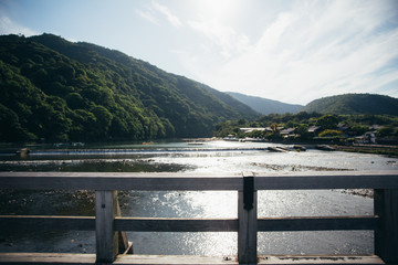 Hozu river with moutain landscape Arashiyama Japan