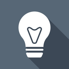 bulb, simple icon. White flat icon with long shadow on backgroun