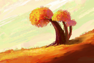 Herbstlandschaft mit einem Baum. Digitale Zeichnung © jenteva