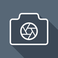 Photo camera with shutter, linear symbol with thin outline, simp