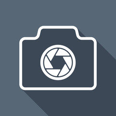 Photo camera, linear symbol with thin outline, simple icon. Whit