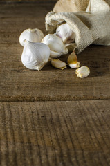 bulb of white garlic on back background and wood flour