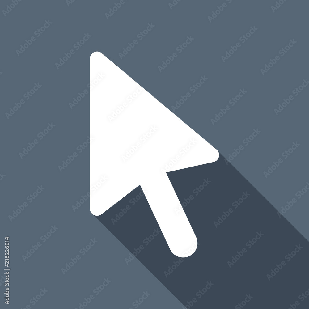 Poster computer mouse arrow icon. white flat icon with long shadow on b