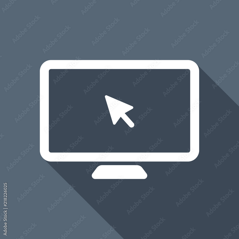 Poster desktop computer and mouse arrow. simple digital icon. white fla