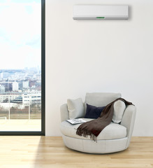 Modern interior apartment with air conditioning 3D rendering illustration