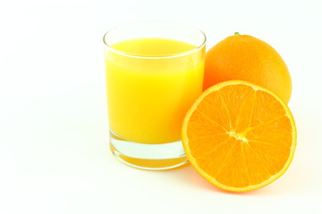 glass of orange juice and fresh orange fruits isolated on a white background with copy space