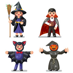 Costume halloween children masquerade party kids characters icons set flat design vector illustration