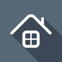 Simple house icon. White flat icon with long shadow on backgroun