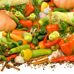 isolated image of many ripe vegetables, herbs and spices