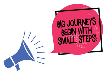 Writing note showing Big Journeys Begin With Small Steps. Business photo showcasing One step at a time to reach your goals Megaphone loudspeaker speaking loud screaming frame pink speech bubble.