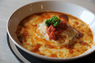 Homemade Beef Meat lasagna on dish in restaurant , Italian food