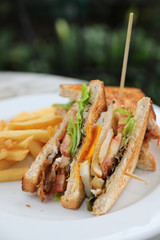 Club sandwich , Sandwich with egg bacon chicken tomato with fried outdoor restaurant background