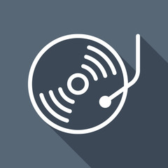 Retro vinil, record player, cd player. White flat icon with long