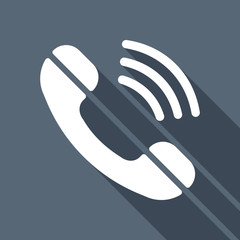 Ringing phone icon. Retro symbol. White flat icon with long shad