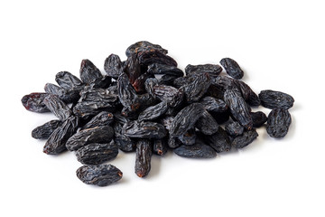 Heap of black raisins isolated on white background.