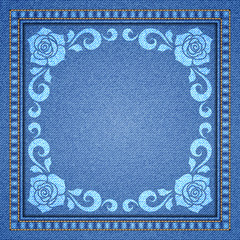 Denim background with decorative seams and floral ornament. Vector Illustration