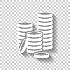 Coin stack icon. White icon with shadow on transparent backgroun