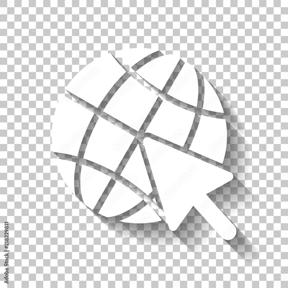 Poster globe and arrow icon. white icon with shadow on transparent back
