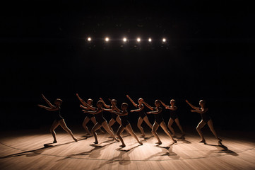 A choreographed dance of a group of graceful pretty young ballerinas practicing on stage in a...