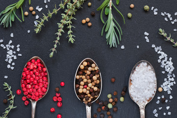 Herbs with salt and pepper in spoons on black slate stone background, top view, flat lay